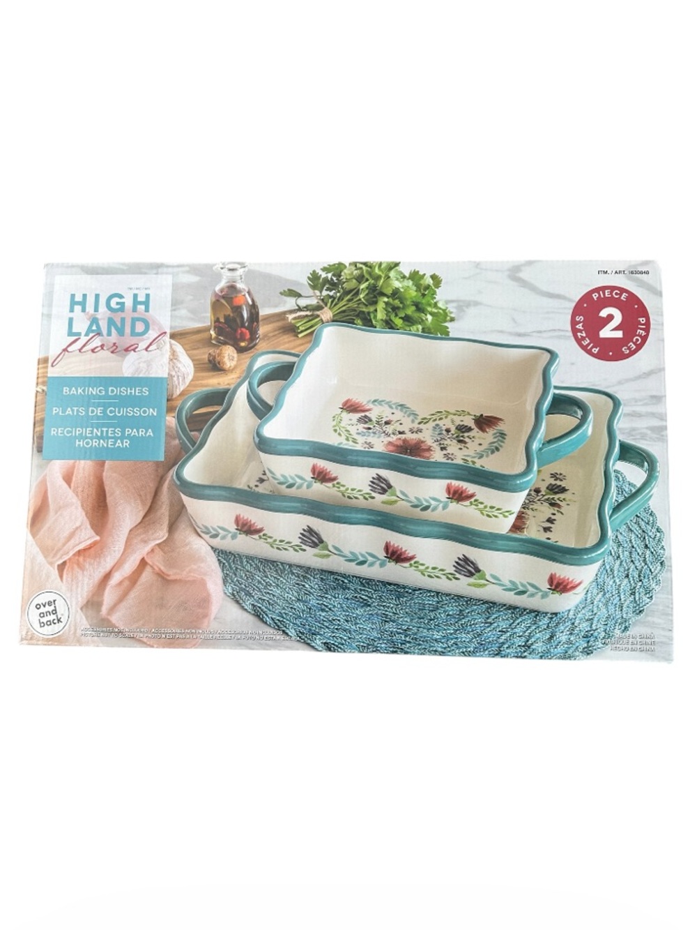 2 Piece Teal Trim Ceramic Baking Dish Set - Ship Alone